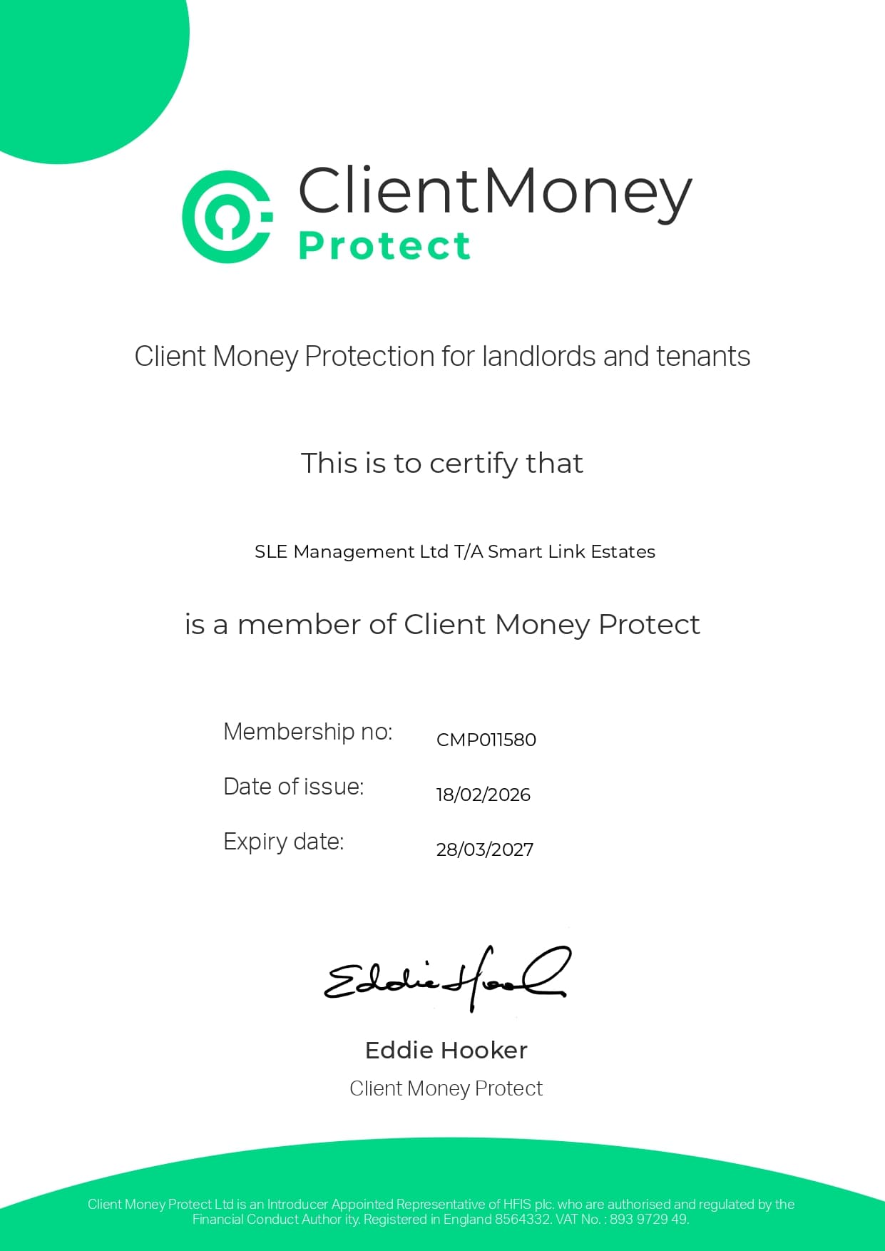 Client Money Protect certificate for Smart Link Estates